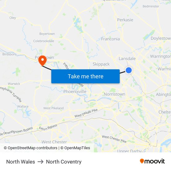 North Wales to North Coventry map