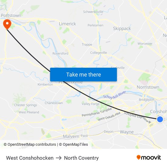 West Conshohocken to North Coventry map