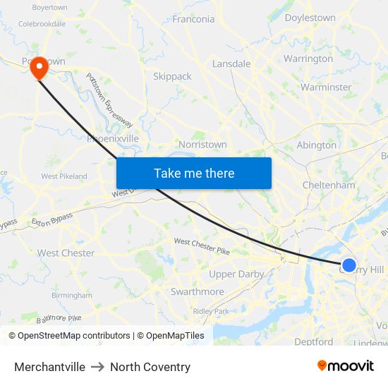 Merchantville to North Coventry map