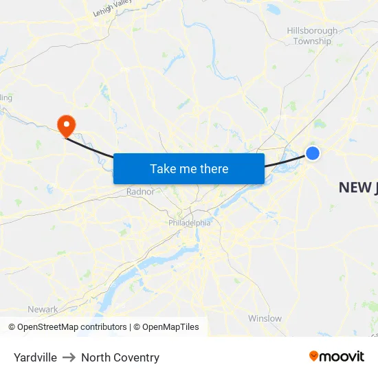 Yardville to North Coventry map