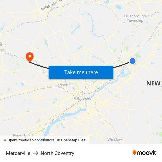 Mercerville to North Coventry map