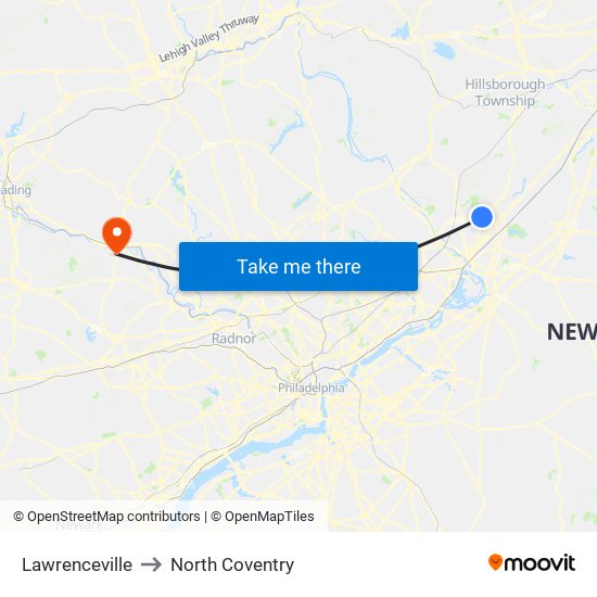 Lawrenceville to North Coventry map