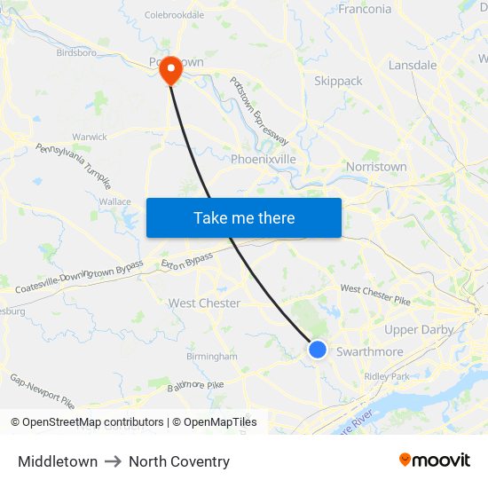 Middletown to North Coventry map
