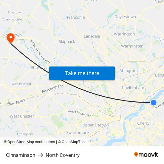 Cinnaminson to North Coventry map