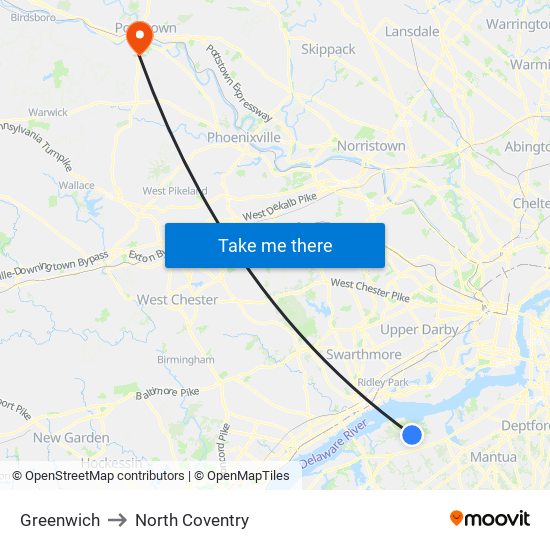 Greenwich to North Coventry map