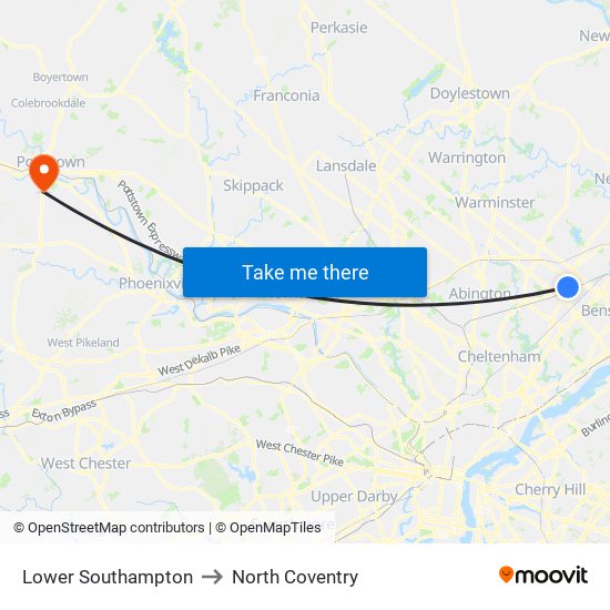 Lower Southampton to North Coventry map