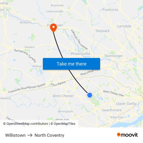 Willistown to North Coventry map
