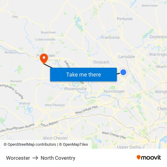 Worcester to North Coventry map