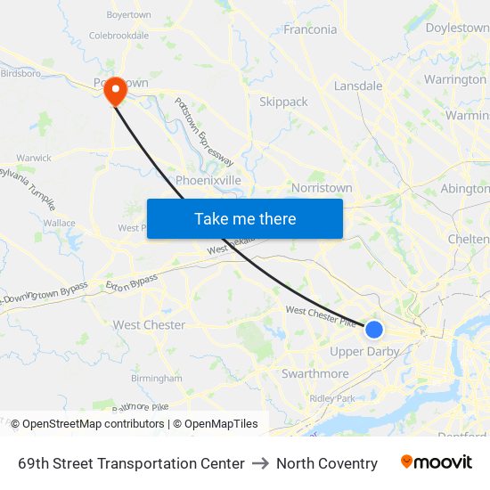 69th Street Transportation Center to North Coventry map