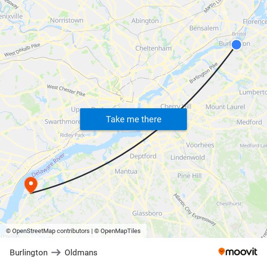 Burlington to Oldmans map