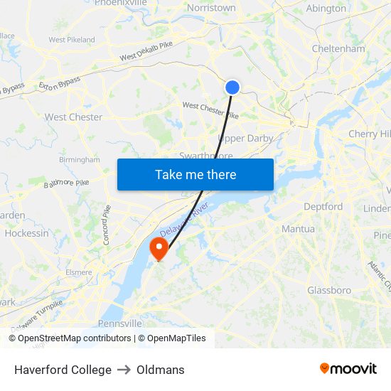 Haverford College to Oldmans map