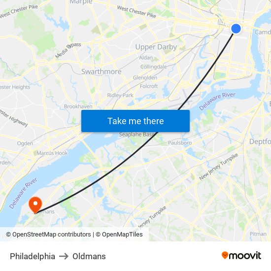 Philadelphia to Oldmans map