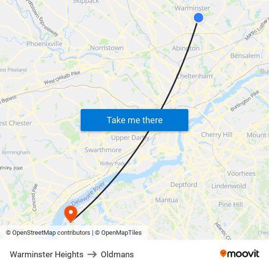 Warminster Heights to Oldmans map