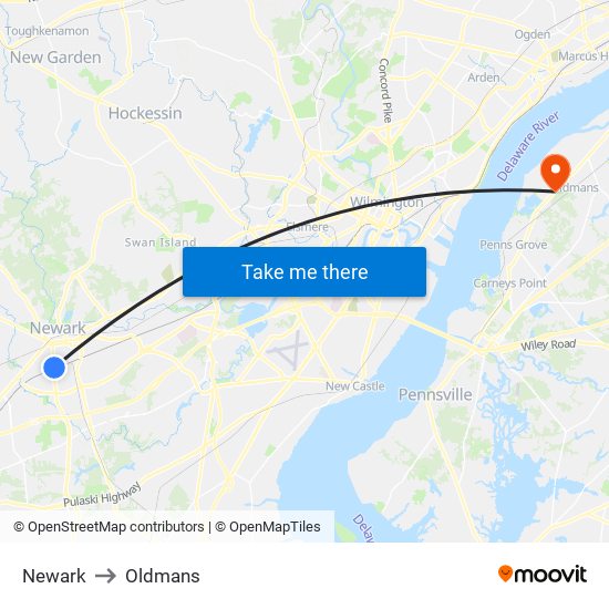 Newark to Oldmans map