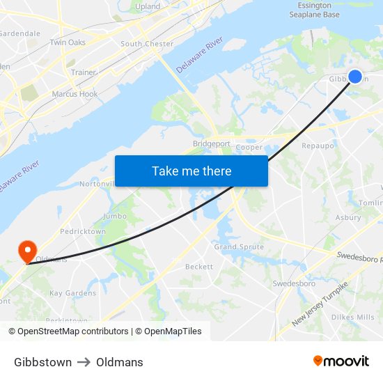 Gibbstown to Oldmans map