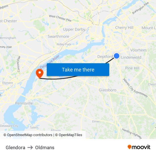 Glendora to Oldmans map