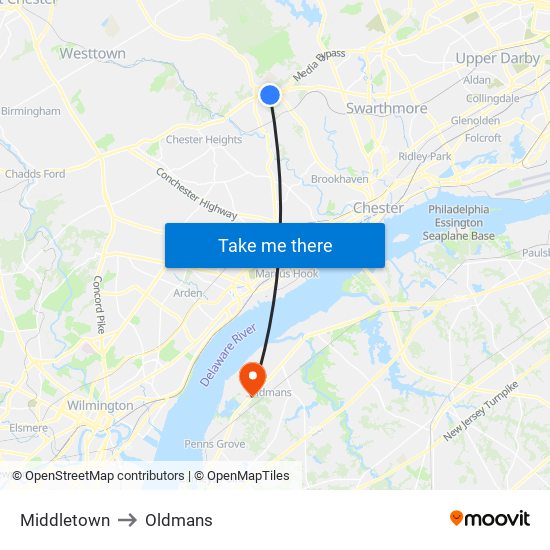 Middletown to Oldmans map