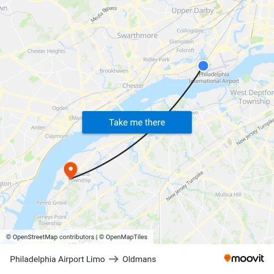 Philadelphia Airport Limo to Oldmans map