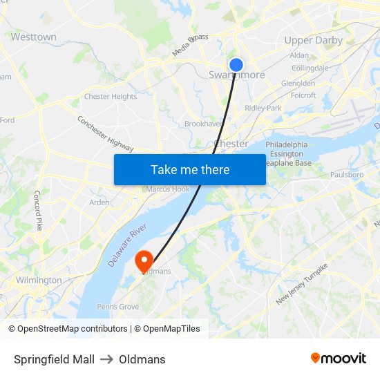 Springfield Mall to Oldmans map