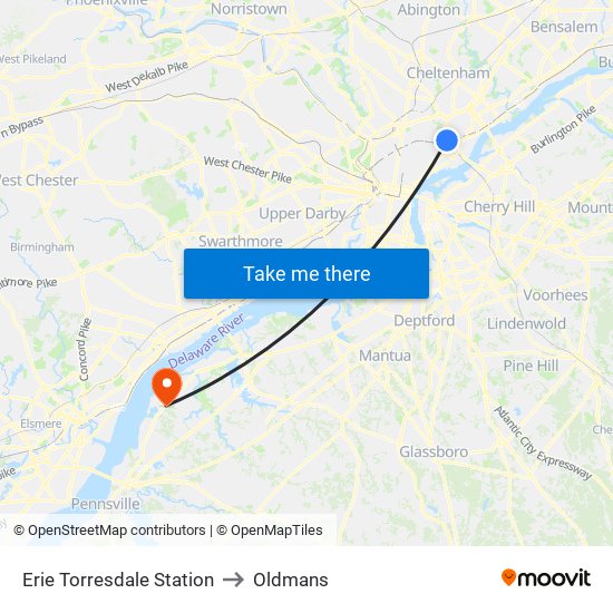 Erie Torresdale Station to Oldmans map