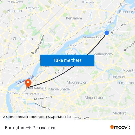 Burlington to Pennsauken map