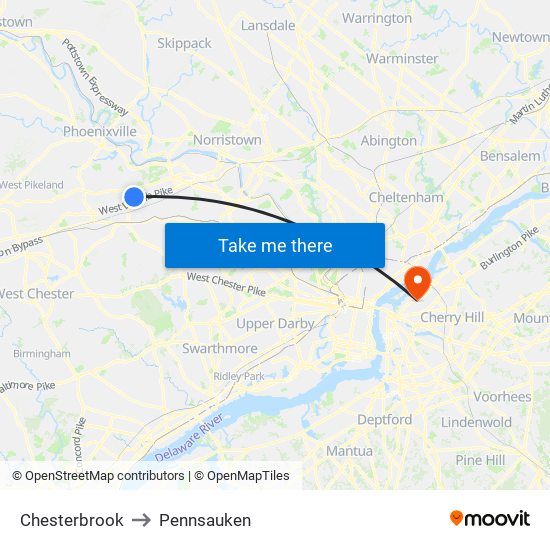 Chesterbrook to Pennsauken map