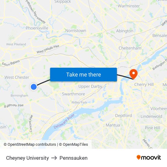 Cheyney University to Pennsauken map