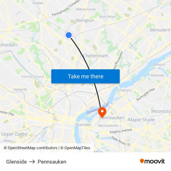 Glenside to Pennsauken map