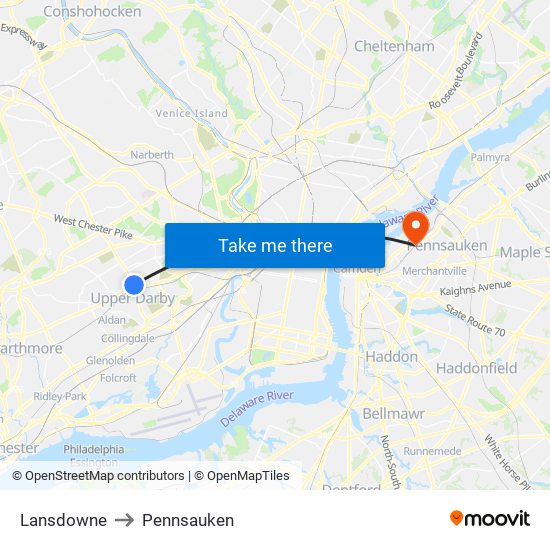 Lansdowne to Pennsauken map