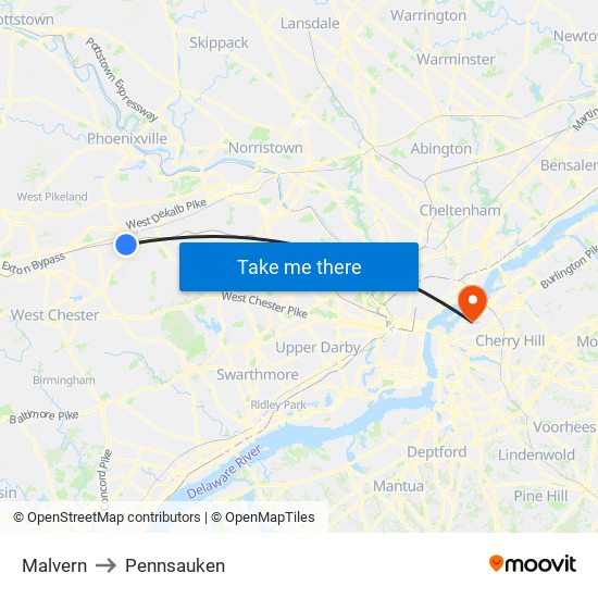 Malvern to Pennsauken map