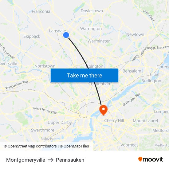 Montgomeryville to Pennsauken map