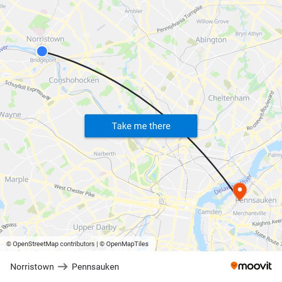 Norristown to Pennsauken map