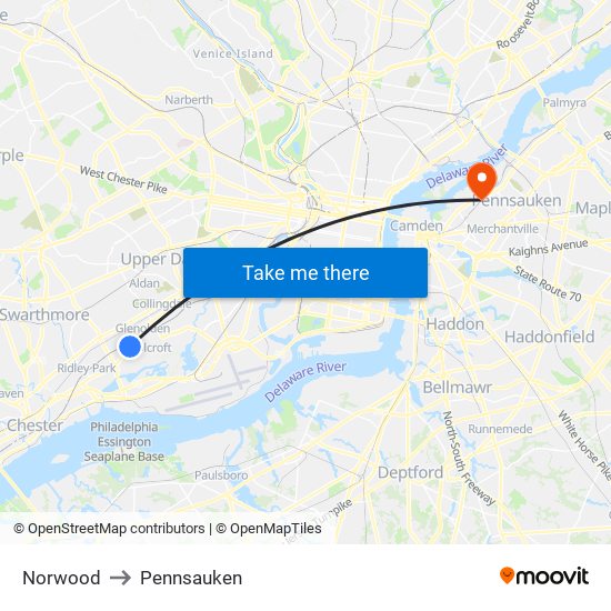 Norwood to Pennsauken map