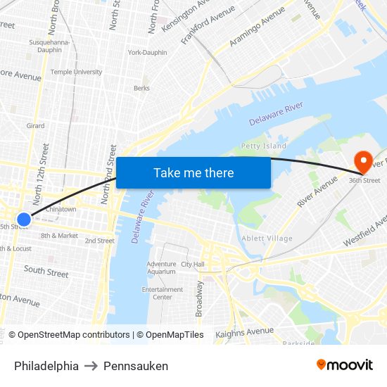 Philadelphia to Pennsauken map