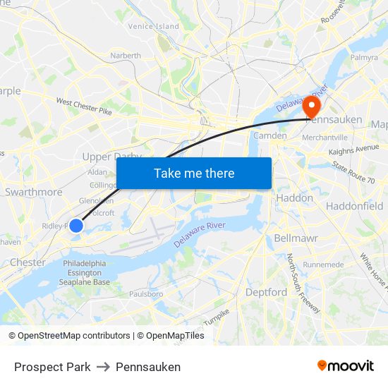 Prospect Park to Pennsauken map