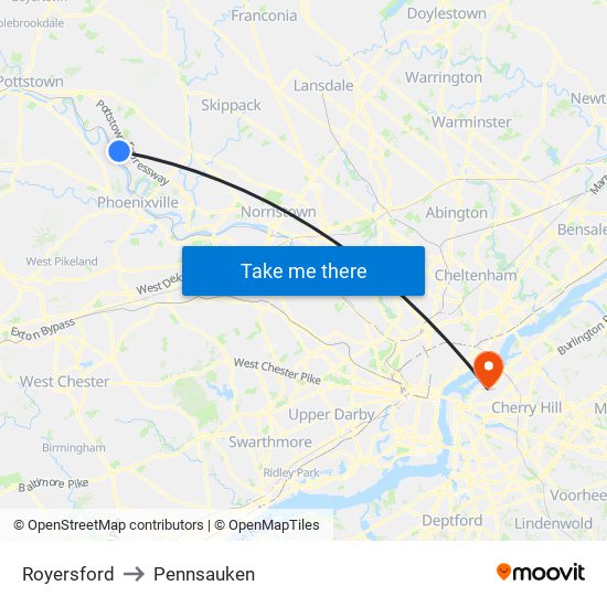 Royersford to Pennsauken map