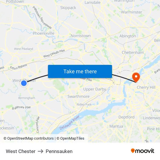 West Chester to Pennsauken map