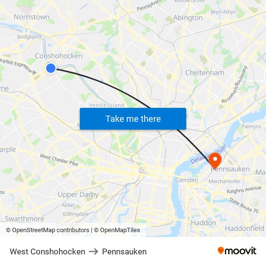 West Conshohocken to Pennsauken map