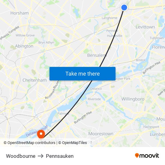 Woodbourne to Pennsauken map
