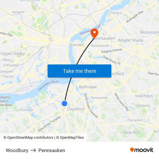 Woodbury to Pennsauken map