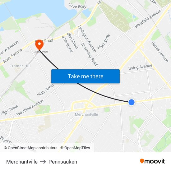 Merchantville to Pennsauken map