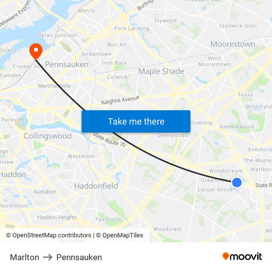 Marlton to Pennsauken map