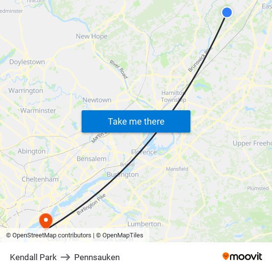 Kendall Park to Pennsauken map