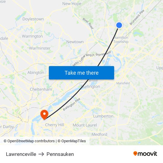 Lawrenceville to Pennsauken map