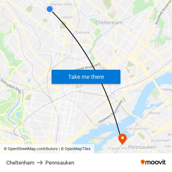 Cheltenham to Pennsauken map