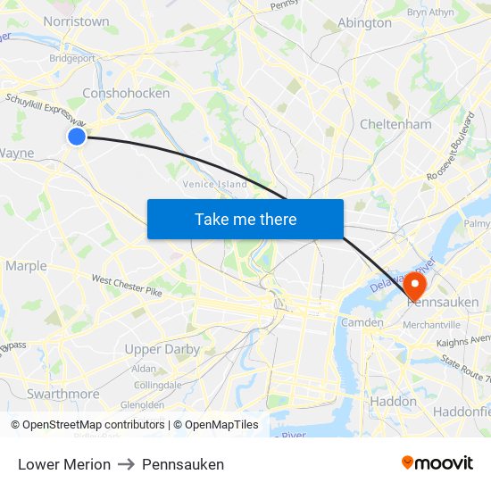 Lower Merion to Pennsauken map