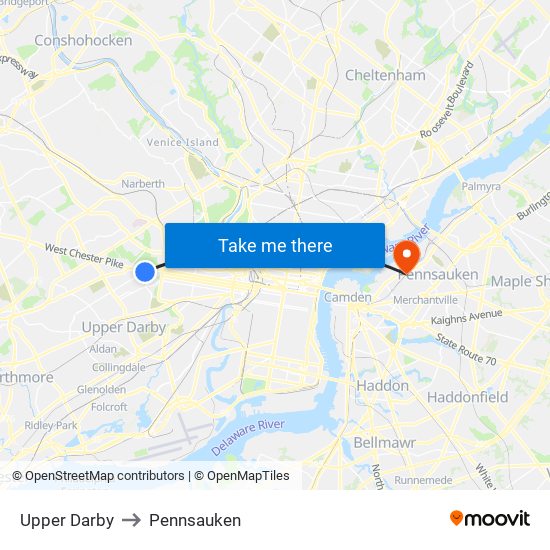 Upper Darby to Pennsauken map