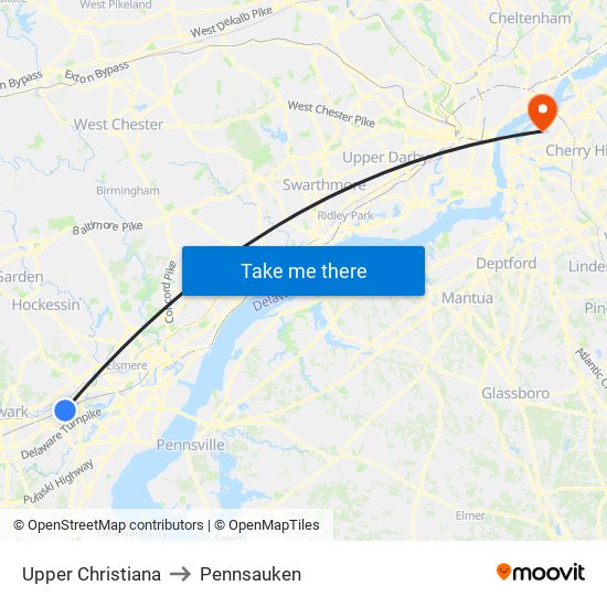 Upper Christiana to Pennsauken map