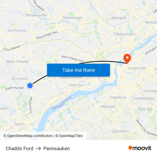 Chadds Ford to Pennsauken map