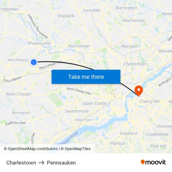 Charlestown to Pennsauken map